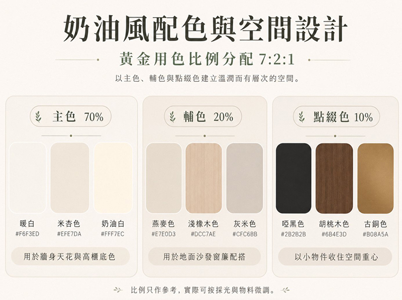 奶油風配色表，整理主色、輔色與點綴色比例。