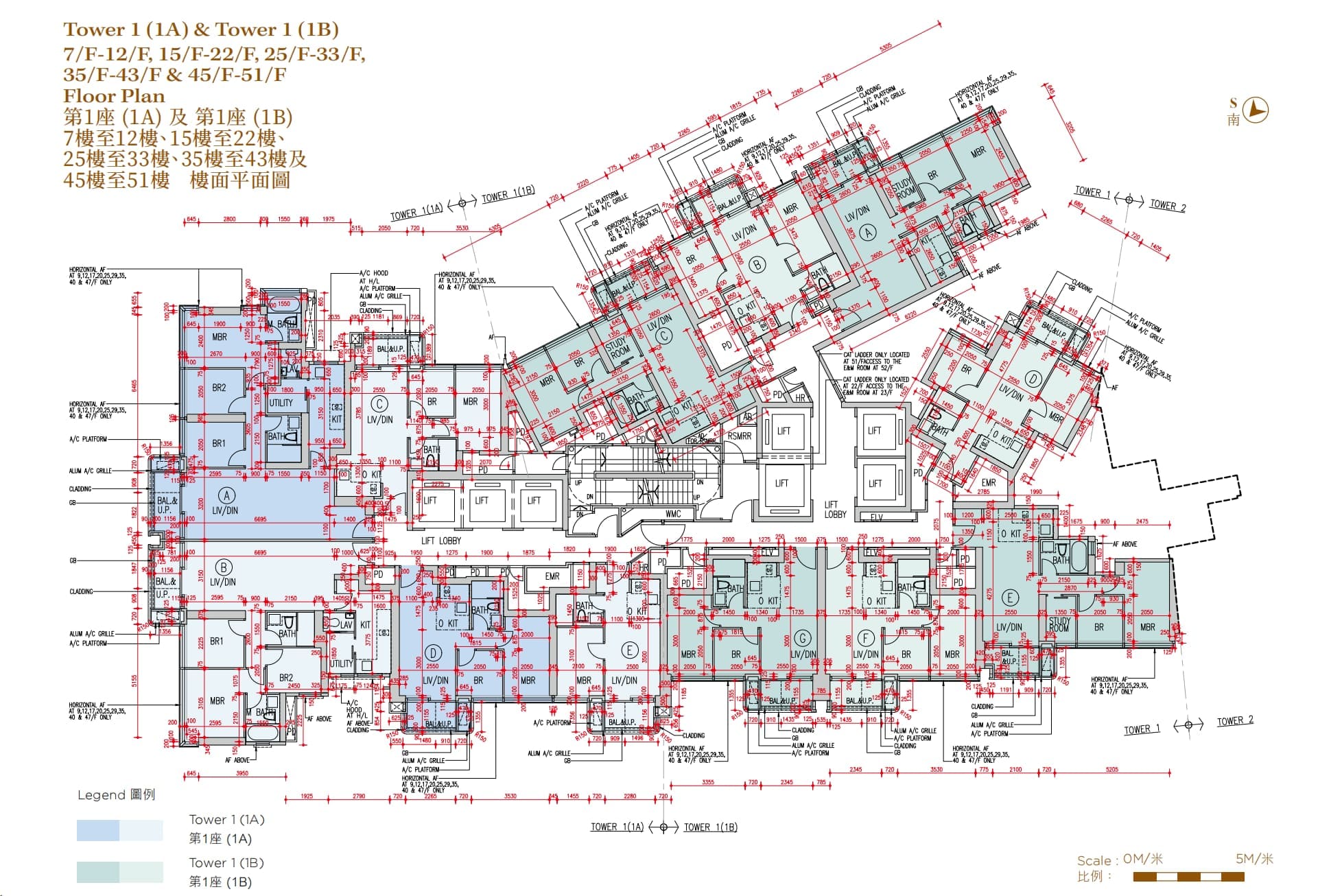 海瑅灣第1座(1A)及第1座(1B) 7樓至12樓、15樓至22樓、25樓至33樓、35樓至43樓及45樓至51樓平面圖